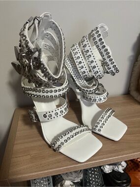 White Crystal-Embellished Strappy High Heel Boots